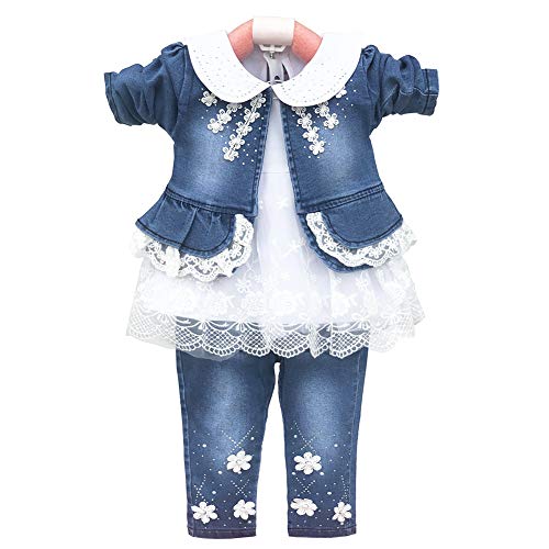 YYA 6M-4J Baby Mädchen Jeans 3-teiliger Anzug bestickter Spitzenrock Jeansjacke und Jeans(Weiß,3-4J)