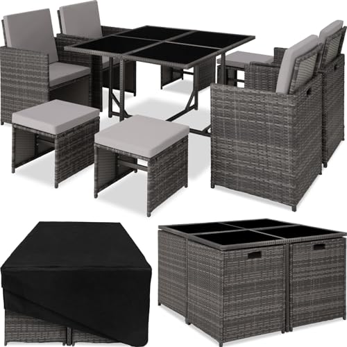 TecTake 800820 Poly Rattan Sitzgruppe Cube | inkl. Schutzhülle & Edelstahlschrauben | 4 Stühle 1 Tisch 4 Hocker - Diverse Farben - (Grau | Nr. 403901)