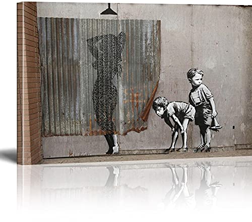 Banksy Bilder Leinwand Lady Shower Graffiti Street Art Leinwandbild Fertig Auf Keilrahmen Kunstdrucke Wohnzimmer Wanddekoration Deko XXL 60x100cm(23.6x39.4inch)