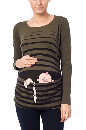 Baby Flucht - Lustige witzige süße Umstandsmode/Umstandsshirt mit Motiv für die Schwangerschaft/Schwangerschaftsshirt, Langarm (Khaki, Medium)