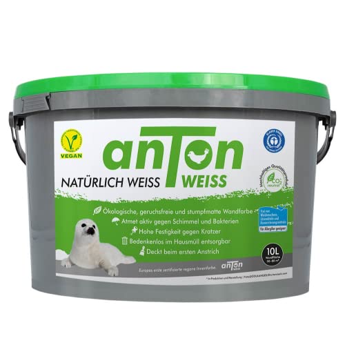 Anton Weiss® vegane Wandfarbe weiss | 10L 2er Pack | geruchsneutral & atmungsaktiv | ökologische Mineralfarbe weiß stumpfmatt | hohe Deckkraft | beugt Schimmel vor