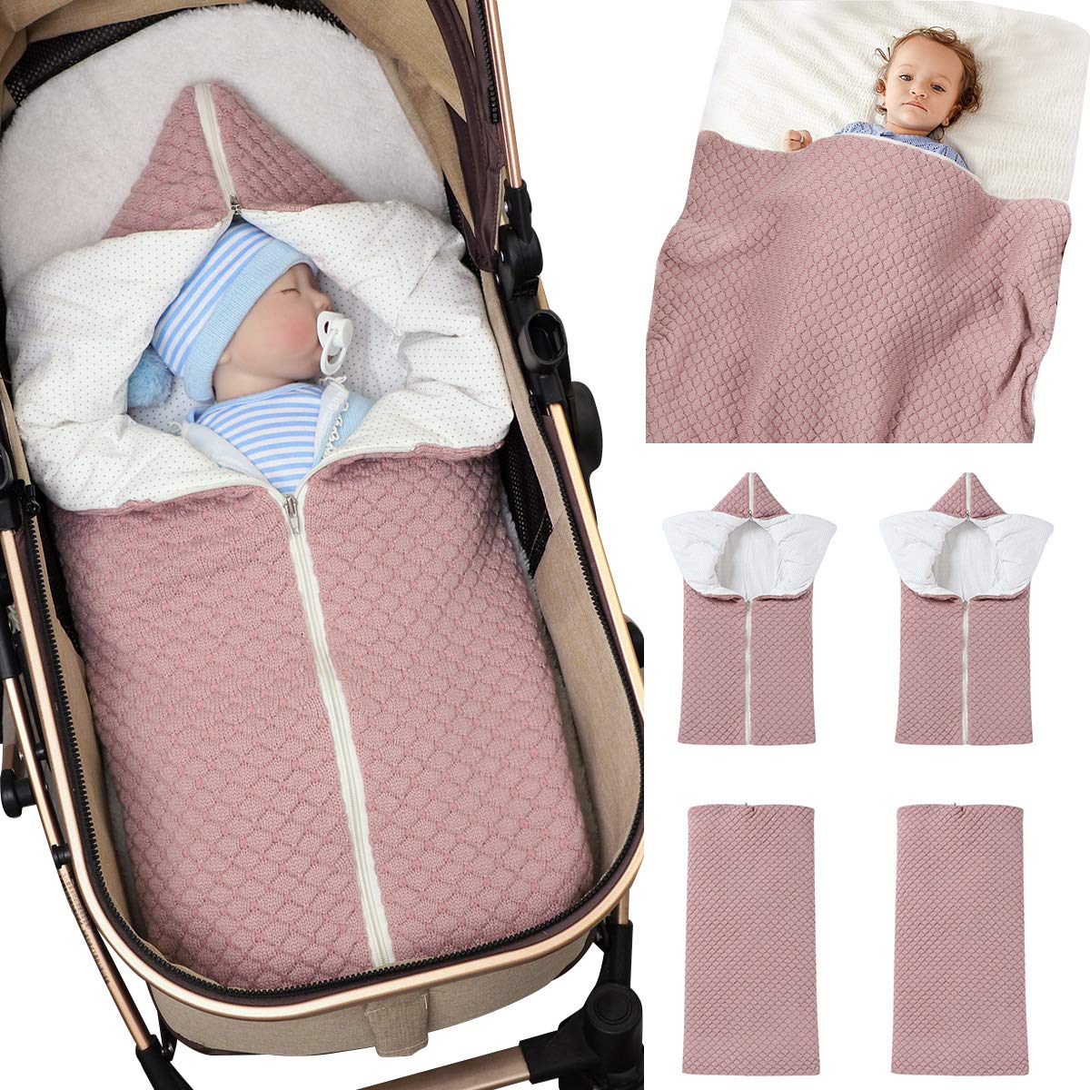 Baby Wrap Wickeldecke Strick Schlafsack Kinderwagen Wrap Weich Warm für 0-12 Monate Babys Unisex (Rosa)