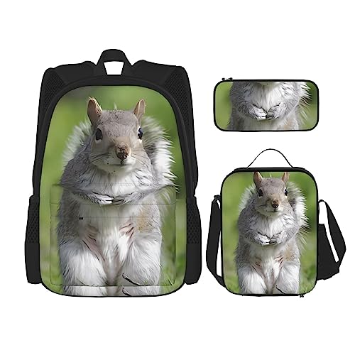PartyUnix Eichhörnchen Rucksack 3-teilig Schulranzen mit Brotdose und Federmäppchen Set =>> geeignet für Jungen und Mädchen, Schwarz , Einheitsgröße, Kinderrucksack