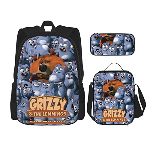 BRPOSOILYS Grizzy And The Lemmings Backpack Teen Boys And Girls with Lunch Box Pencil Case 3 in 1, lemmings 02, One size