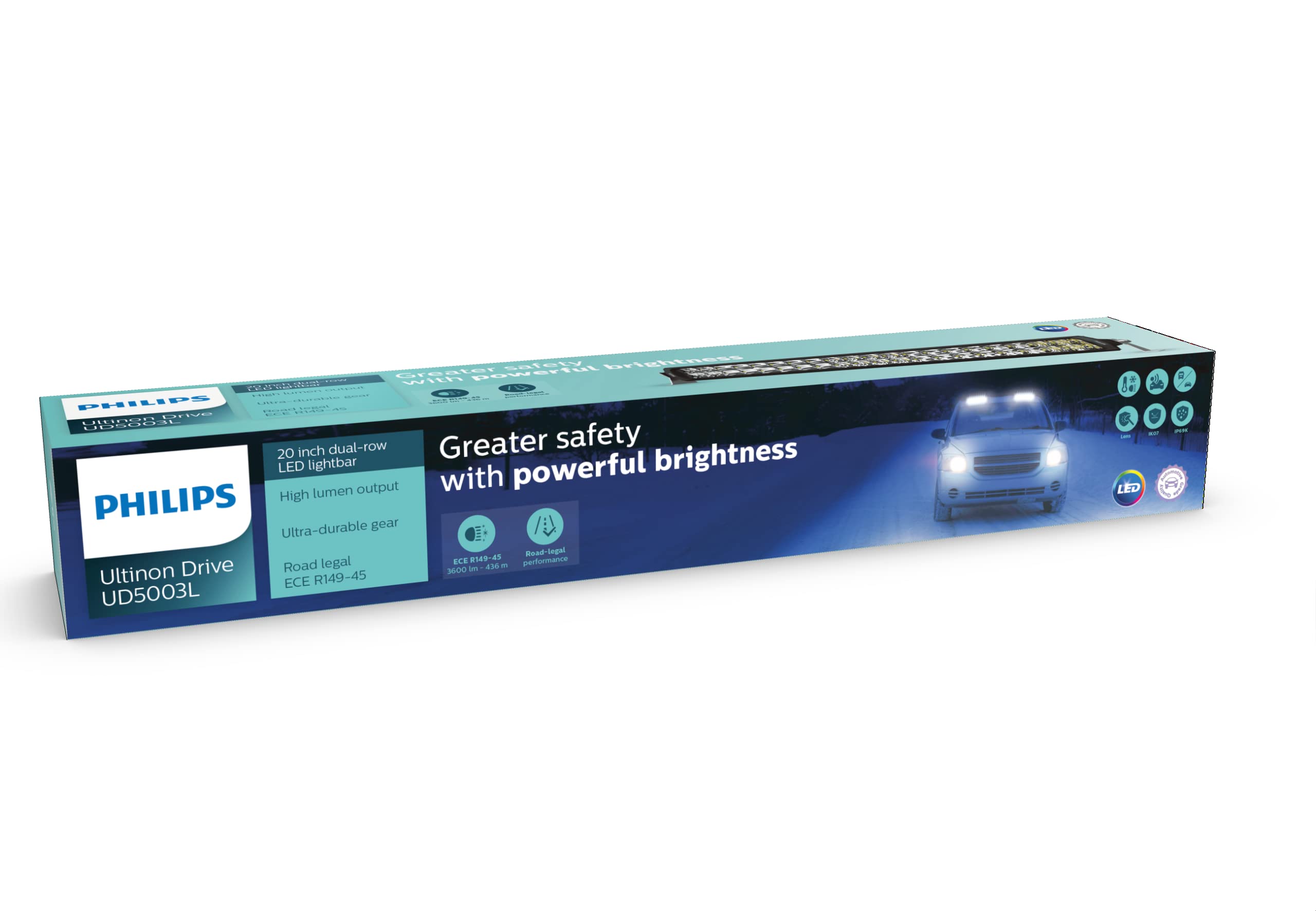 Philips Ultinon Drive 5003L LED-Zusatzscheinwerfer für Fernlichtfunktion, 20'' Double-Row LED-Lightbar, 12V/24V, 3.600 Lumen, bis zu +436 m Lichtstrahllänge, Straßenzulassung