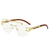 Randlose quadratische Retro-Sonnenbrille für Männer und Frauen, UV400-Schutz, goldfarbener Metall-Holzrahmen, rahmenlose Gläser, goldfarben, transparent, Einheitsgröße