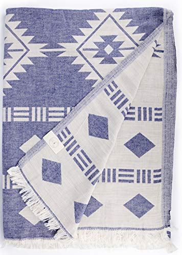 Bersuse 100% Baumwolle - Belize XXL Überwurf Decke Türkisches Handtuch - Mehrzweck Bett- oder Sofa-Überwurf - Azteken Design auf Handwebstuhl Peshtemal - 190 x 230 cm, Dunkelblau