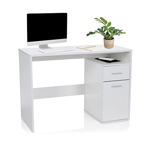 hjh OFFICE 705112 Schreibtisch mit Schublade und Tür 105 x 50 x 75 cm Basix Weiß Computertisch PC-Tisch platzsparend
