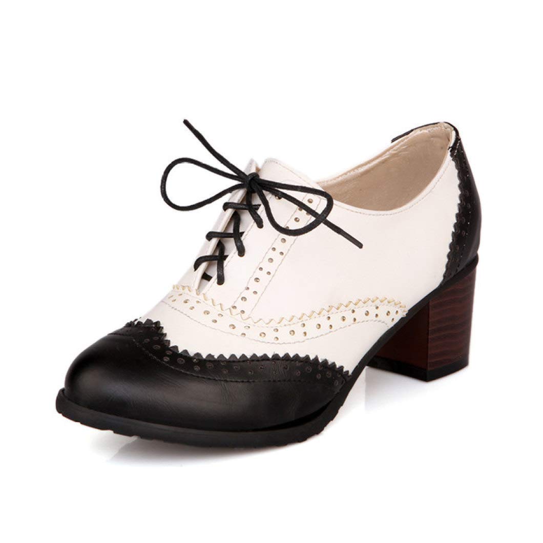 YYCHER Damen Vintage Leder Oxfords Brogue Budapester Schnürschuh Chunky High Heel Schuhe Kleid Pumps (Farbe: Schwarz, Größe: 41)
