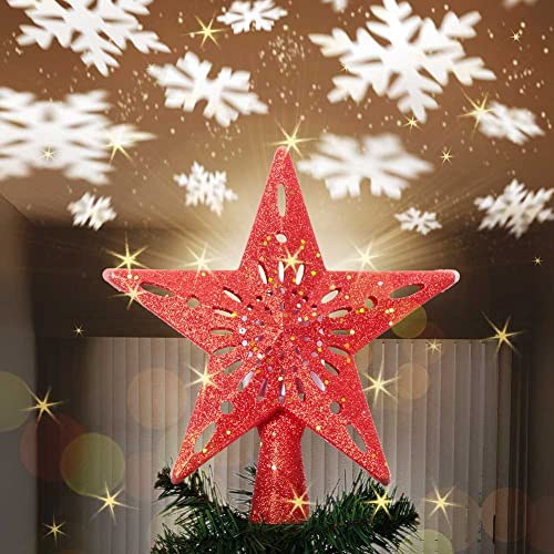 Bakaji Leuchtende Sternspitze mit Spiel Schneeflocken auf reflektierender Decke, Höhe 26 cm, Dekoration Weihnachtsbaumspitze, Weihnachtsdekoration mit Glitzer (rot)