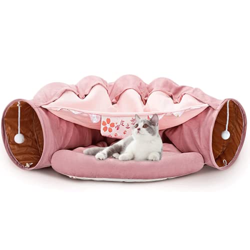 Katzentunnel Katzen-Tunnelbett mit Kissenmatte für Innenkatzen, weiches, gemütliches Katzentunnel-Höhlenbett mit 2 hängenden Kratzbällen Spieltunnel