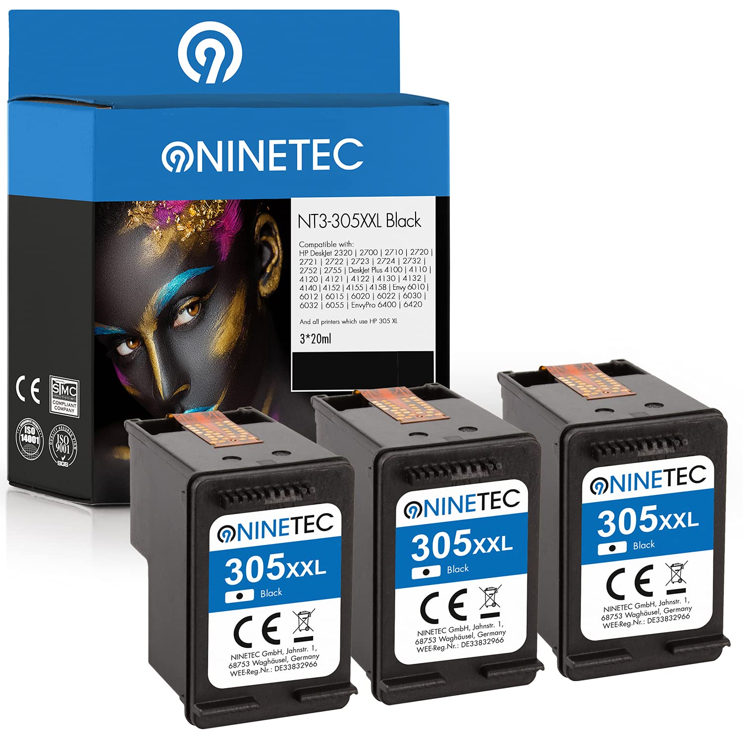 NINETEC EcoLonglife 3 Druckerpatronen kompatibel mit HP 305XL HP 305 XL Black wiederaufbereitet für DeskJet 2720 2721 4120 2700 2710 2752 Envy 6020 6000 6420 6030 6032 6022 Pro Plus (schwarz, 3-Pack)