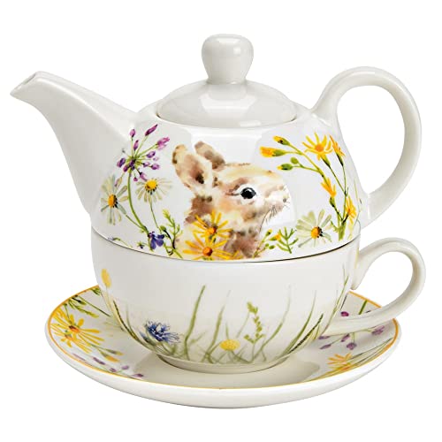 matches21 Porzellan Tee Set mit Kanne Tasse und Untersetzer Osterhase Teekannenset 3er Set Frühling Porzellan 15x16 cm