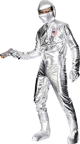 Raumfahrer-Kostüm Silber mit Overall Helm Handschuhen und Überschuhen, Medium