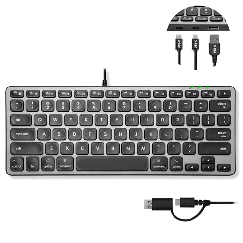 Macally Kleine Tastatur für Mac mit USB-Hub (2X USB-C / 1x USB-A) - 3 Anschlüsse - Kabelgebundene Mac-Tastatur mit 2-in-1-USB-Stecker - Sparen Sie Platz mit einer Apple-kompatiblen Tastatur