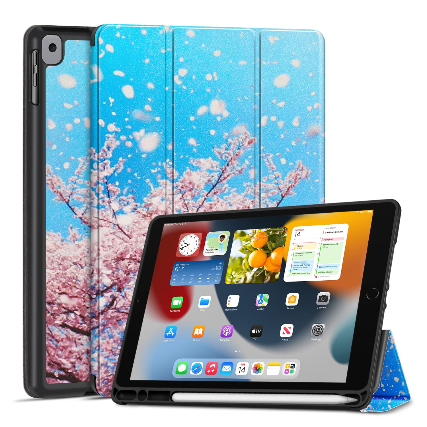 TNP iPad Hülle für iPad 9./8./7. Generation 10,2 Zoll 2021/2020/2019 Modell, Schutzhülle mit Stifthalter, dünner und weicher iPad Case aus TPU, iPad Cover mit Auto Schlaf/Wach Funktion, Kirschblüten