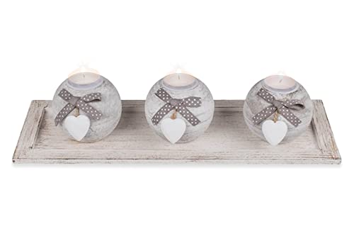 Deko Set ''Romantic Home'' - 3x Kugel-Teelichthalter mit Herz auf weißem Holz-Tablett - 40x14x10cm - Windlicht Geschenk Dekoration