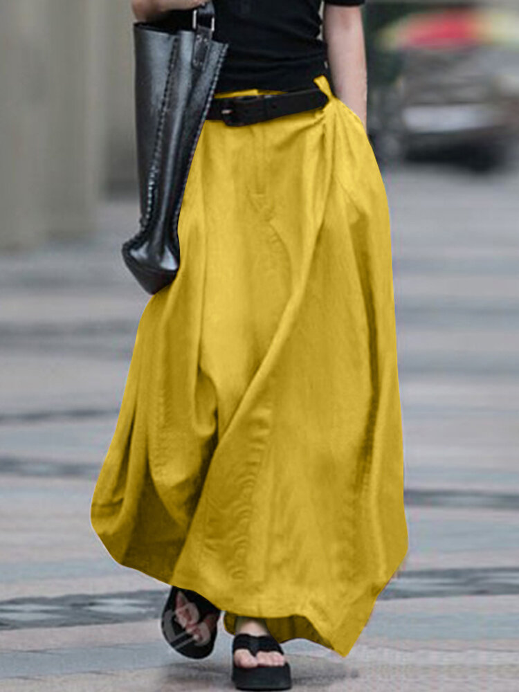 Damen Baumwolle High Elastic Waist Seitentasche Reißverschluss Solide Freizeitröcke