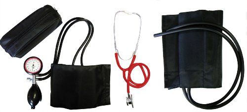 Blutdruckmessgerät Oberarm 2- Schlauch Set Typ XL extra mit extra XL Klettmanschette + Doppelkopfstethoskop rot Stetoskop Stethoskope Doppelkopf 1 Set