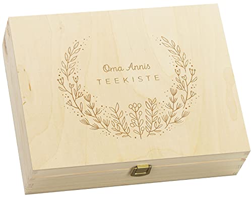 LAUBLUST Teebox Holz Personalisiert - Kräuterkranz Motiv - 29x22x8cm, 12 Fächer, Natur | Geschenk mit Gravur