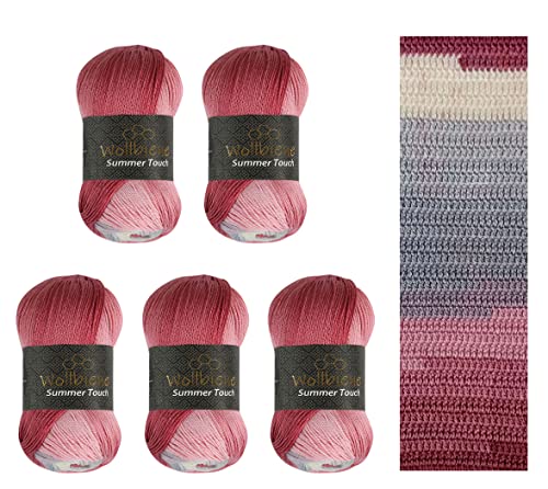 Wollbiene Summer Touch Batik 5 x 100 Gramm Wolle Mehrfarbig mit Farbverlauf, 500 Gramm merzerisierte Strickwolle Microfiber-Acryl (506 blaugrau rose)