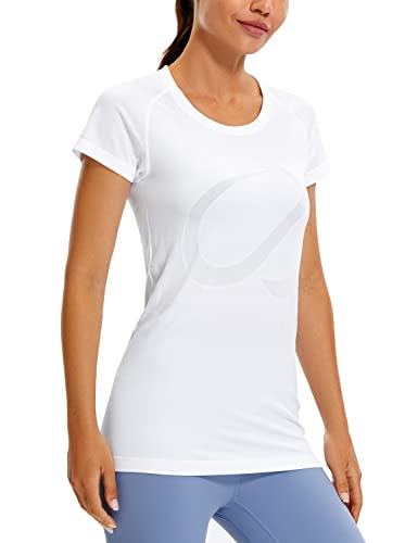 CRZ YOGA Damen Sport T-Shirt Yoga Shirt - Nahtlos, Laufshirt, Funktionsshirt Weiss 44