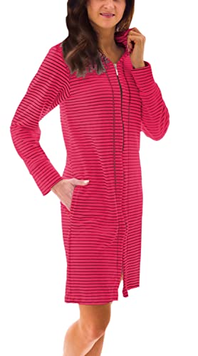 Aquarti Damen Bademantel Morgenmantel mit Reißverschluss Streifen Kurz Baumwolle, Farbe: Streifenmuster Himbeere, Größe: L