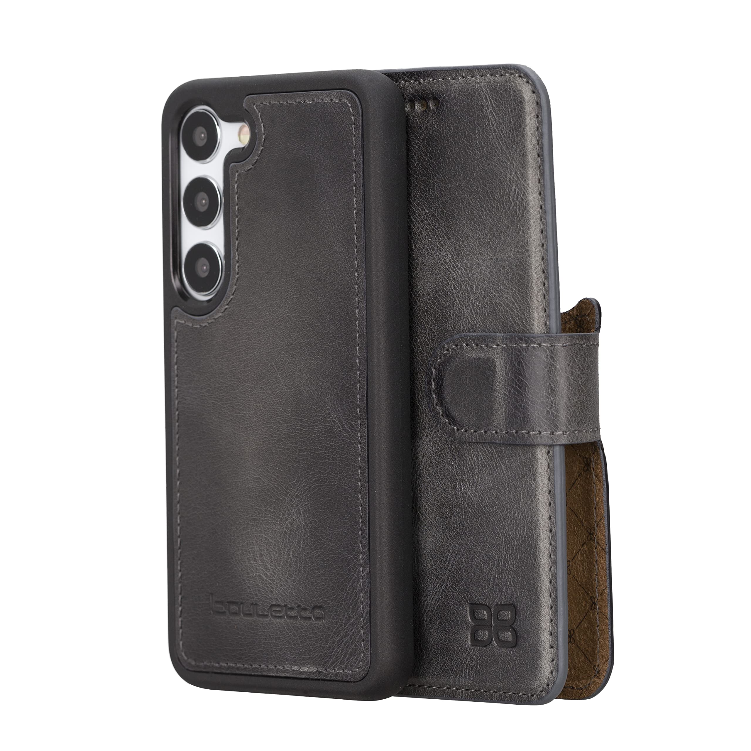 BOULETTA Samsung Galaxy S23 Lederhülle, Handgemachte Galaxy S23 Leder Brieftasche Hülle mit Kartenhalter für Männer und Frauen, RFID Geschützt, Kickstand (Grau)