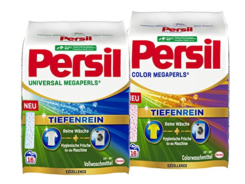 Persil Universal Megaperls (16 Waschladungen), Vollwaschmittel & Persil Color Megaperls (16 Waschladungen), Colorwaschmittel mit Tiefenrein Technologie, 20 °C bis 60 °C