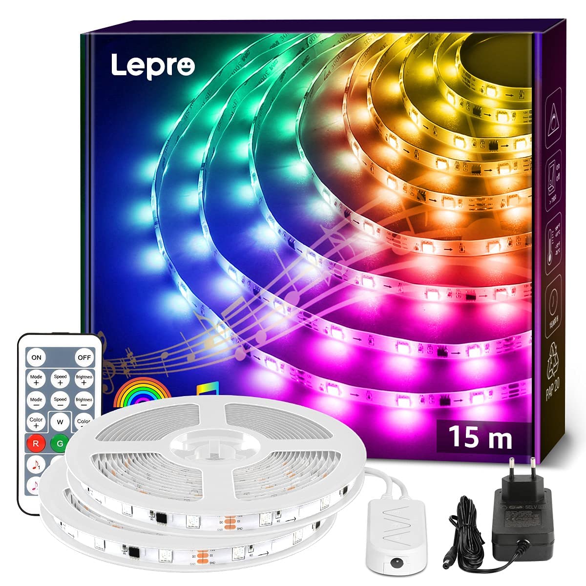 Lepro MagicColor LED Strip 15M(2x7.5M), 450 LEDs Streifen Lichterkette DreamColor, Lichterkette MagicColor, Musik Band mit Fernbedienung, Lichtband Wasserdicht IP65, MagicColor Dimmbar Lichtleiste
