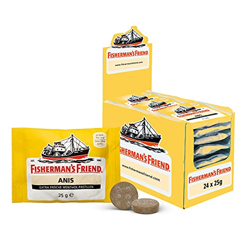Fisherman's Friend Anis | Karton mit 24 Beuteln | Menthol und Anis Geschmack | Mit Zucker | Für frischen Atem