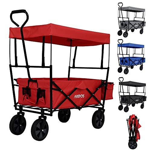 Arebos Bollerwagen faltbar mit Dach | Transportwagen | 2X Netztaschen und 1x Außentasche | faltbar | Vollgummireifen (Rot)