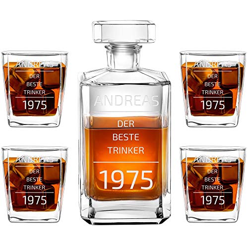 Murrano Whiskey Karaffe + 4er Whiskygläser Set mit Gravur - 700ml Whisky Dekanter - Geschenk zum Geburtstag für Männer - Der Beste Trinker