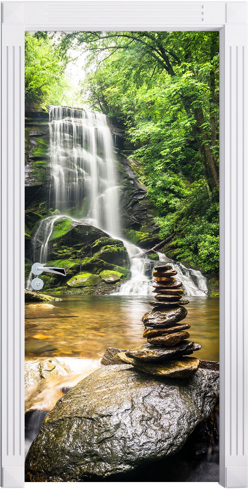 Stil.Zeit Möbel Zen Steine vor Wasserfall als Türtapete, Format: 200x90cm, Türbild, Türaufkleber, Tür Deko, Türsticker