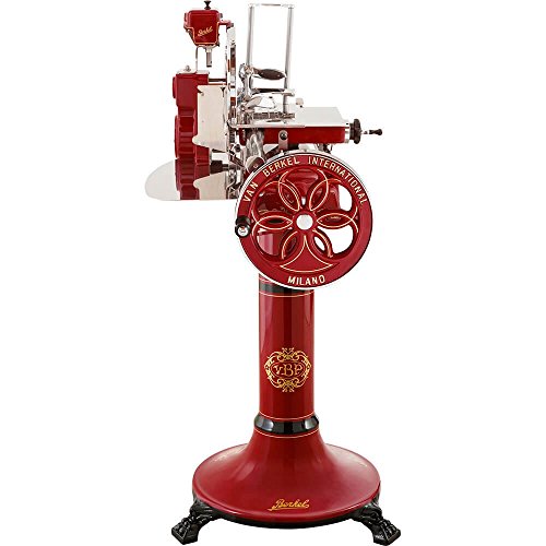 Berkel Volano B114 handbetriebene Aufschnittmaschine mit Blütenverziertes Schwungrad, Messerdurchmesser 319 mm Rot und Sockel