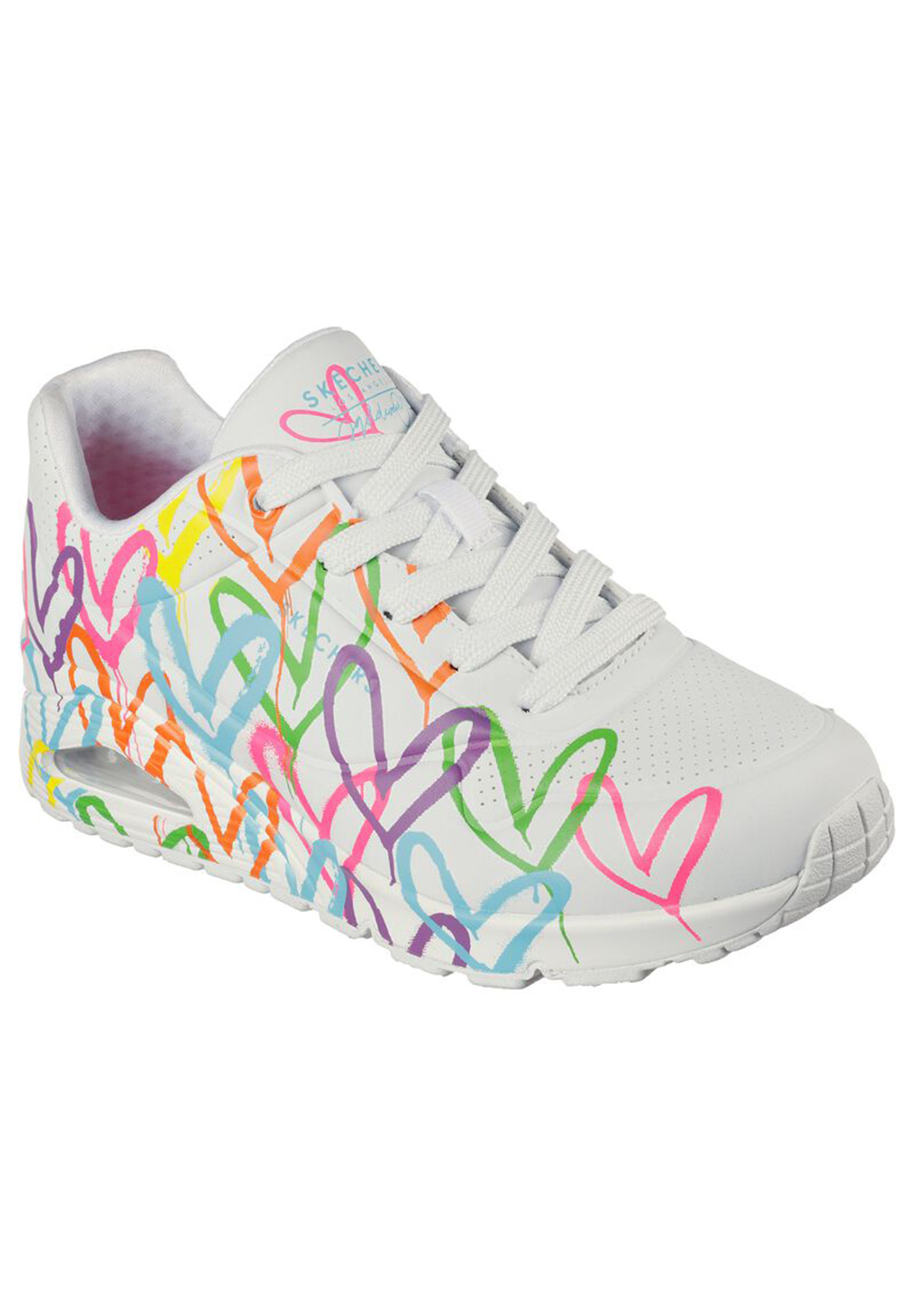 Skechers Damen UNO Sneaker, Duraleather WHI White and Multi Heart Print, 39 EU