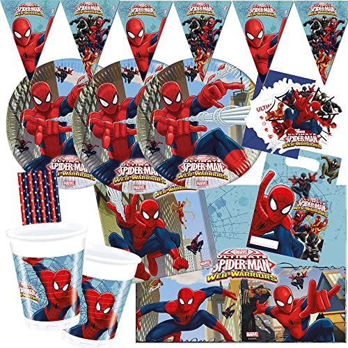 spielum 58-teiliges Party-Set Spiderman Web Warriors - Teller Becher Servietten Tischdecke Wimpelkette Einladungen Tüten Trinkhalme für 8 Kinder