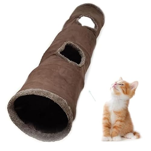 Katzentunnel Katzenspielzeug Wildleder,Cat Tunnel mit Ball faltbar, leicht zu waschen und zu Trocknen Faltbar Spieltunnel Rascheltunnel für Katzen und kleine Tiere (M,Braun)