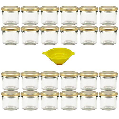 Viva Haushaltswaren - 24 x Marmeladenglas 125 ml mit goldfarbenem Verschluss, runde Sturzgläser als Einmachgläser, Gewürzgläser, Glasdosen etc. verwendbar (inkl. Trichter)