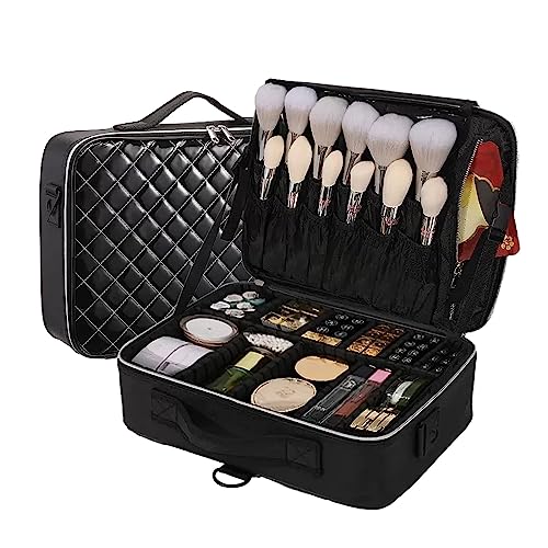 Schwarz Kosmetikkoffer Reise Kosmetiktasche Portable Make Up Koffer Schminkkoffer, Professionelle Makeup Organizer Tasche Schminktasche Train Case, Wasserdichtes PU-Leder (Color : Noir, Size : 26x37