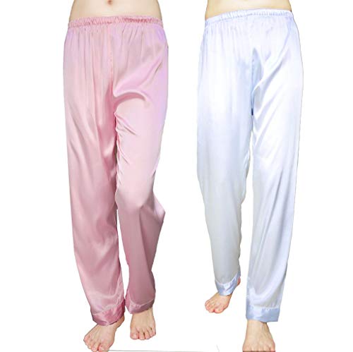 Wantschun Damen Satin Silk Schlafanzughose Nachtwäsche Hose Pyjama Bottom, Pack Of 2:rosa+licht Blau, S