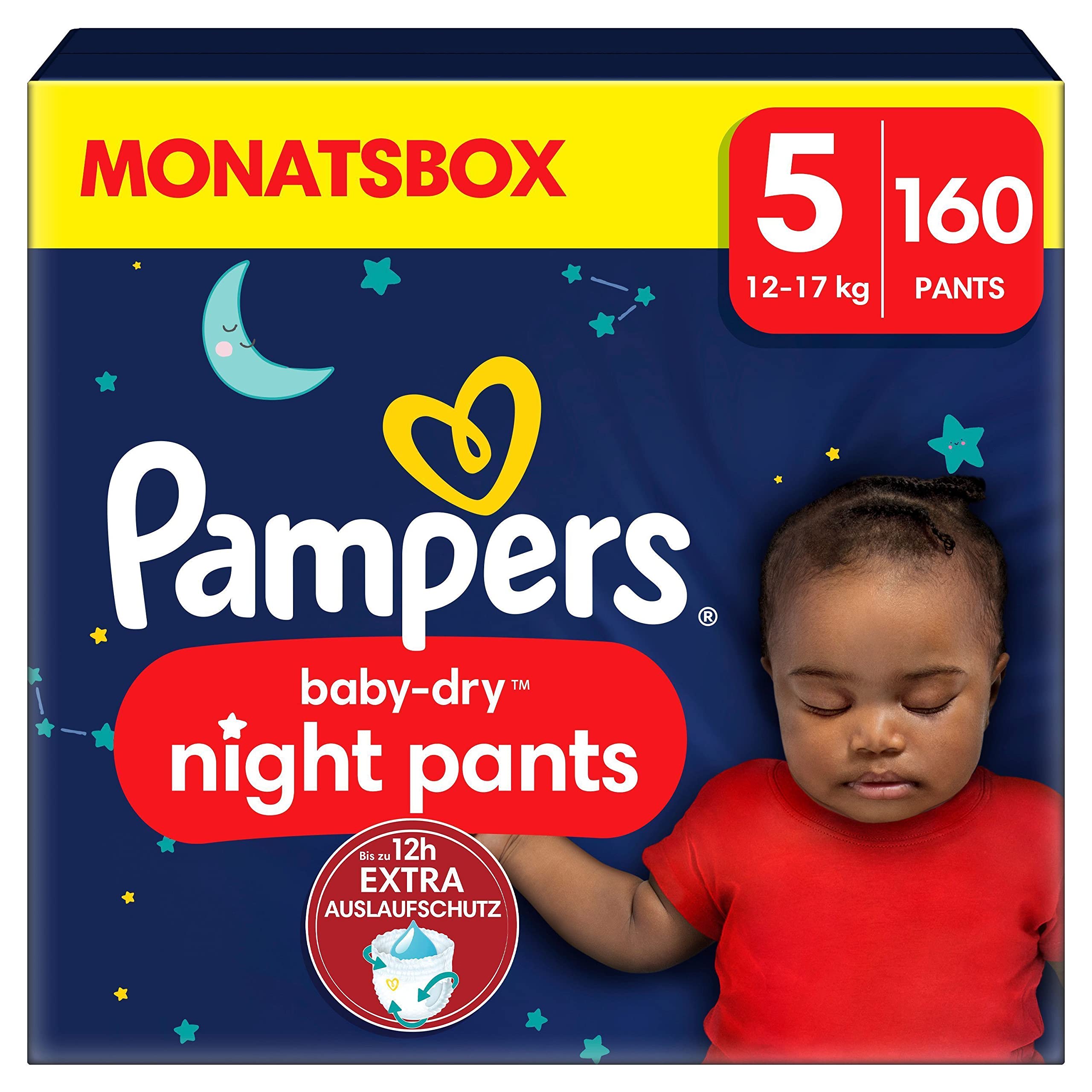 Pampers Night Windeln Pants Größe 5 (12kg-17kg) Baby-Dry, MONATSBOX, Windelhöschen bieten zusätzlichen Schutz für die ganze Nacht, 160 Höschenwindeln
