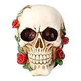 Nimomo Schädeldekoration - Schreckliches Harzschädel-Skelett mit Rosenblumen-Kunsthandwerk für Festliche Halloween-Hauptdekoration