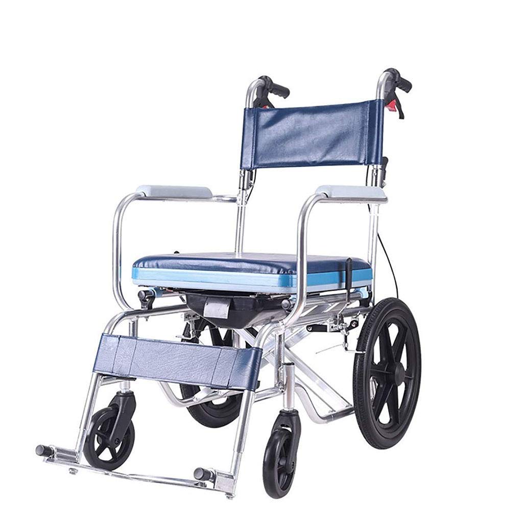 AOLI Rollstuhl mit WC-Sitz - Foldingcommode Stuhl - Medical Nursing Trolley - wasserdicht Duschstuhl Vollreifen Max Belastbarkeit 220lbs leicht zu bedienen,Dunkelblau,Rädchen
