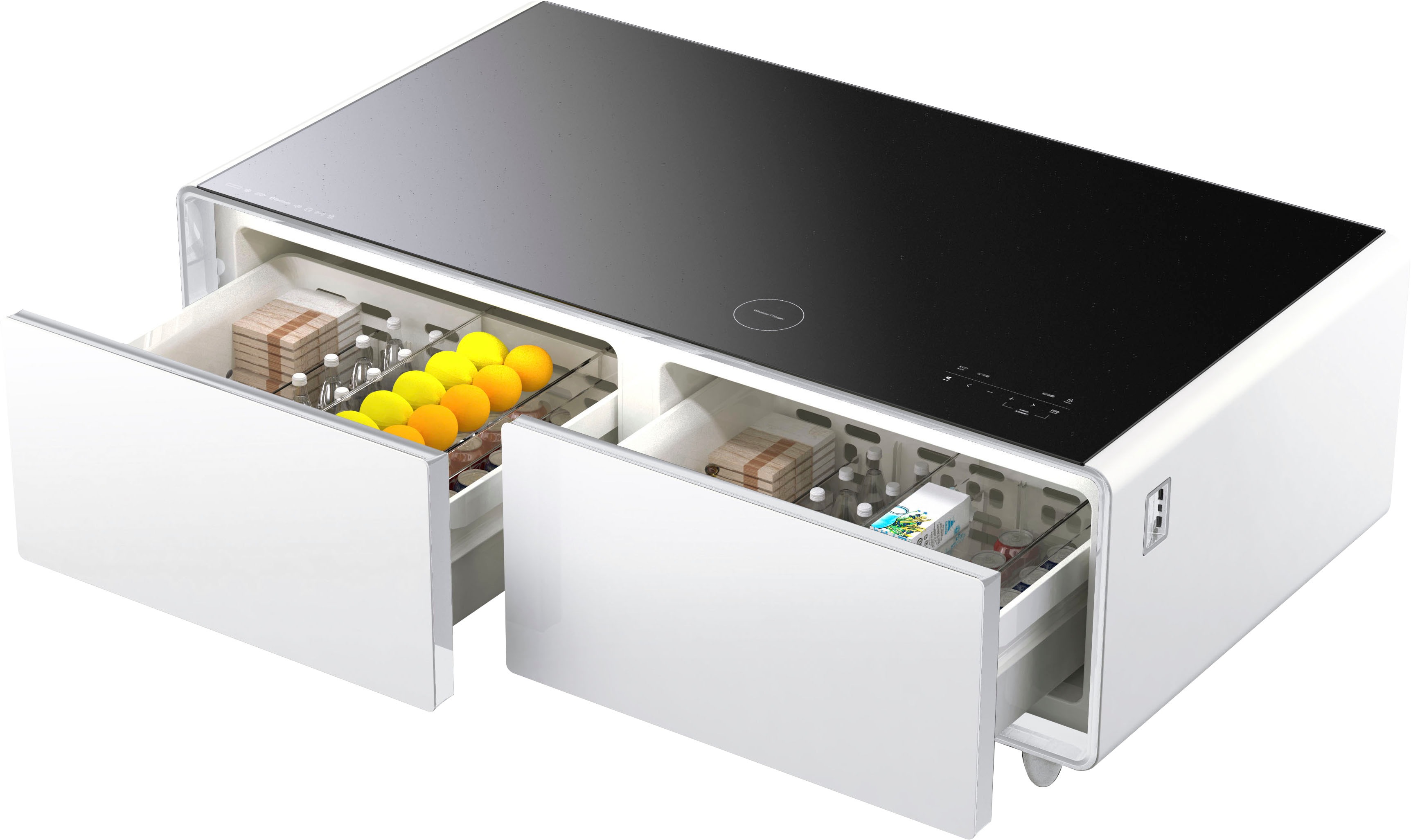 CASO Sound & Cool White, Soundbar und Lounge-Tisch mit Lademöglichkeiten, Bluetooth, USB, klangvoller Sound, LED-Beleuchtung, Zwei Kühlfächer (insg. 135 l), individuell einstellbarer Temperatur