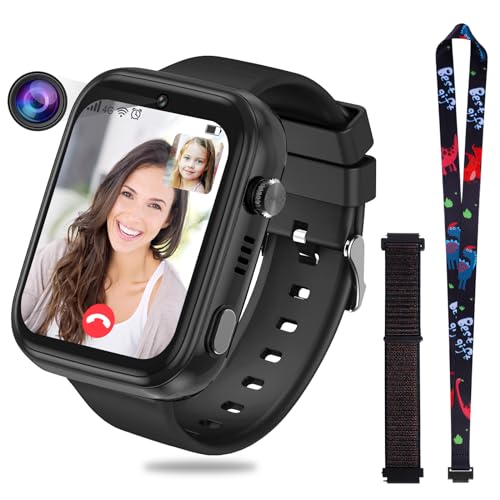 OKYUK 4G Smartwatch für Kinder mit, GPS-Tracker, mehrere Desktop-Stile zur Auswahl, Zwei-Wege-Anrufe, Bildkompetenz, SOS, WLAN, wasserdichter Touchscreen für 4–12 Jungen und Mädchen (Schwarz)