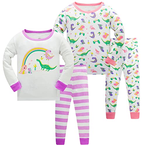 LOLPIP Mädchen Pyjamas Dinosaurier Nachtwäsche 100% Baumwolle Schlafanzug für Kinder Schlafkleidung Langarm 4 Stück Set 1-2 Jahre, Rosa Lila Dinosaurier