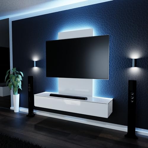 DEKO VERTRIEB BAYERN Premium LED RGB Lowboard 160x135 TV Board Sideboard Weiß Hochglanz Hängend