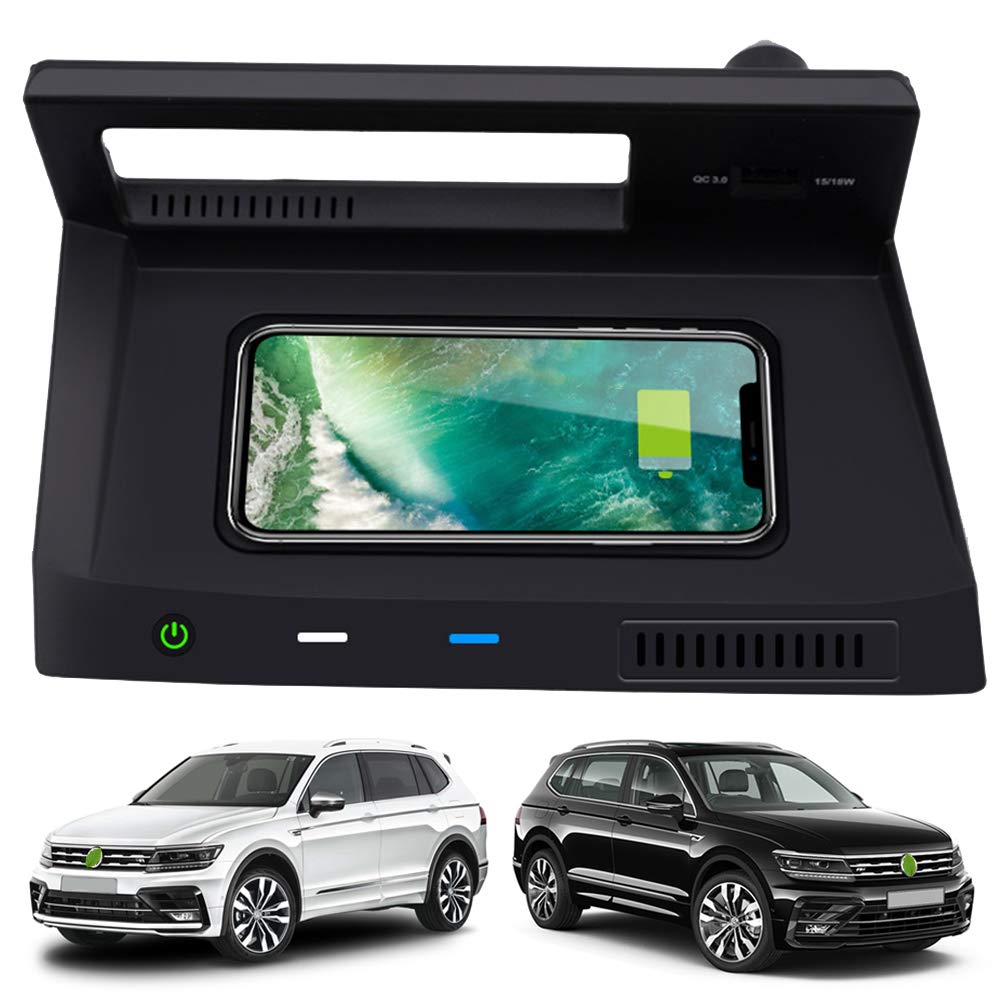 Braveking1 Kabelloses Ladegerät Auto für VW Tiguan 2018 2019 2020 Center Console-Zubehörfeld, 10W Qi Schnell-Ladegerät Pad mit QC 3.0 USB Port für iPhone 12/11/XS/XR/X/8, Samsung S20/S10/S9/S8