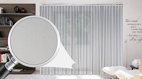 SUNWORLD Maßgeschneiderte weiße Voile Store Gardine „Stripe“ inklusive Blei und Automatik Faltenband 1:2,5, 3er Falte, Vorhang nach Maß, Höhe 90 – 295 cm (145 x 400 cm/HxB)